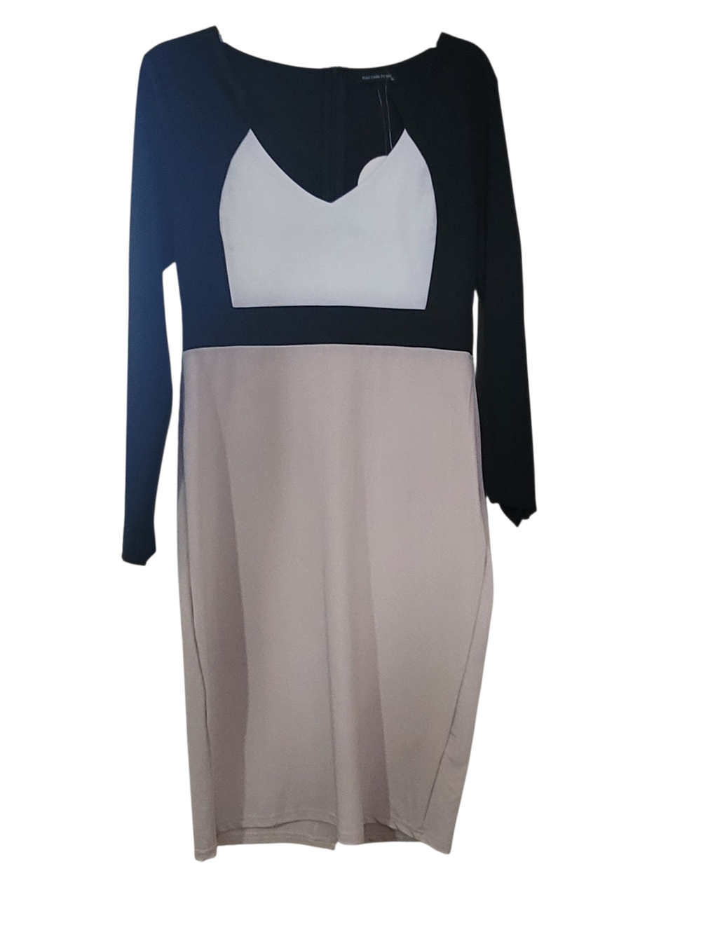 Colorblock Long Sleeve Sheath Dress - Black & Cream, XL